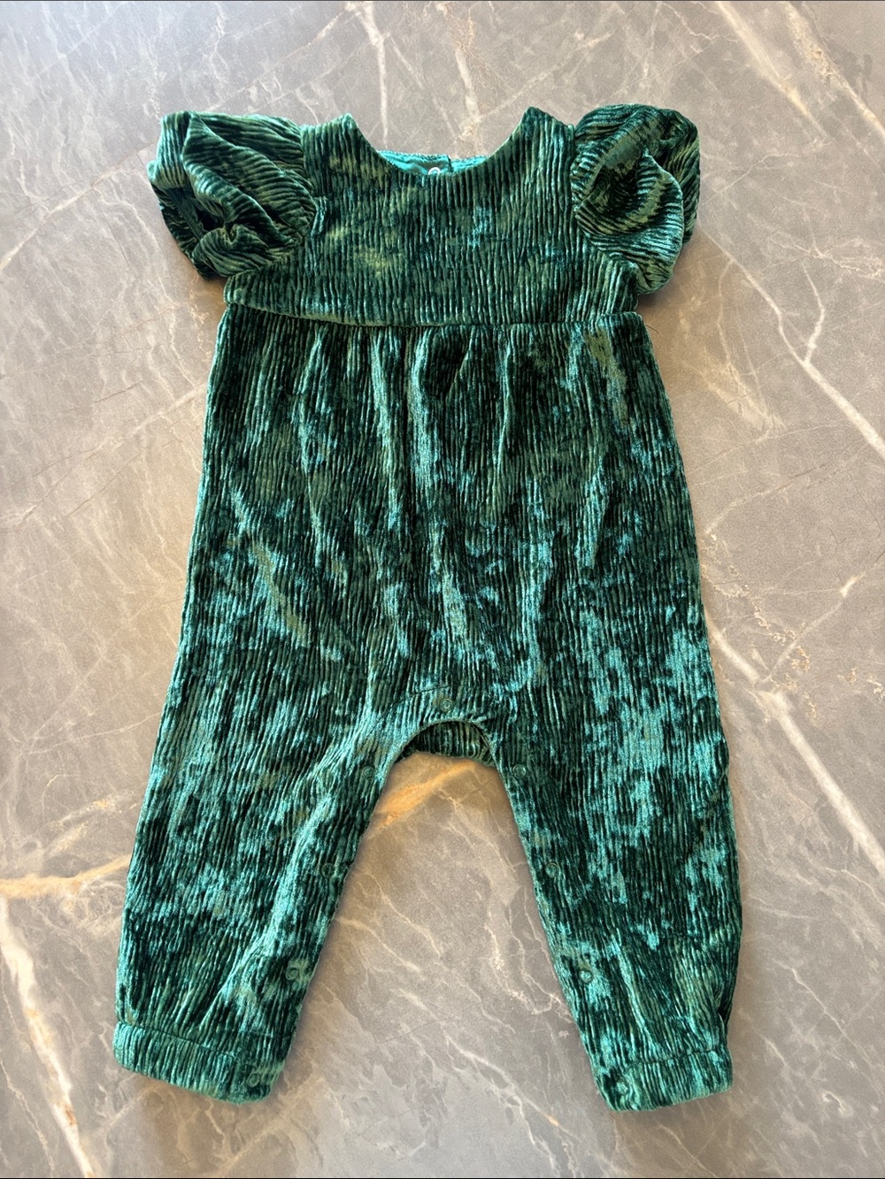 Cat & Jack Emerald Green Crushed Velvet Romper with Puff Sleeves